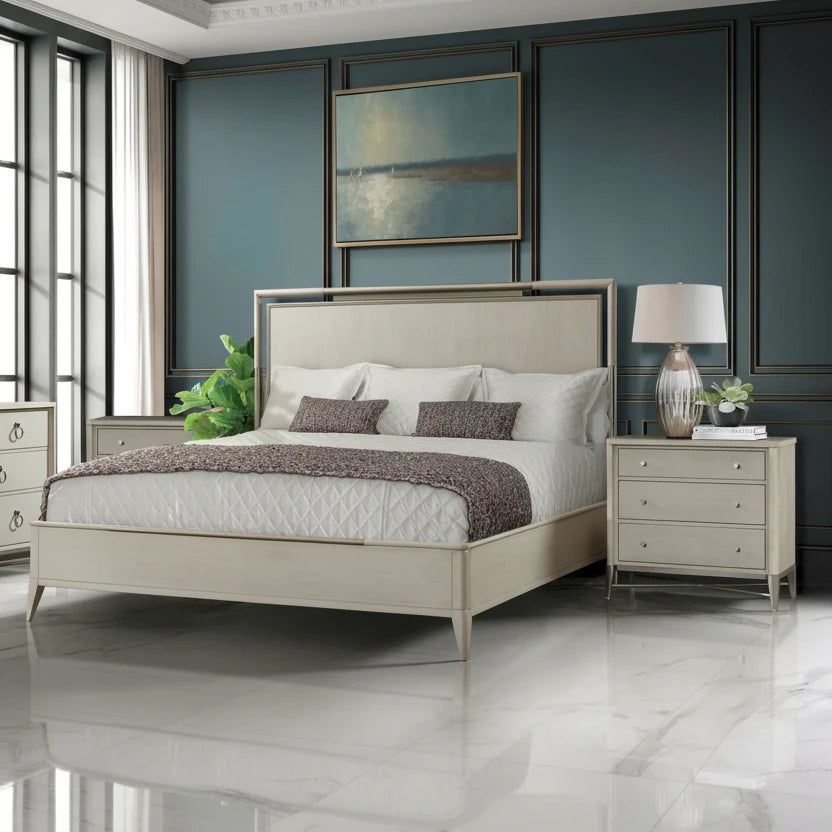 Roundhill Furniture Mantalia 3-Piece Solid Wood Bedroom Set with Metal Frame, Bed with 2 Nightstands, Champagne