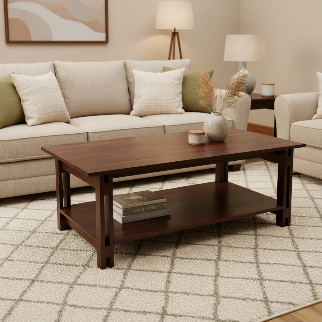 Acacia Wood Architectural Coffee Table with Shelf